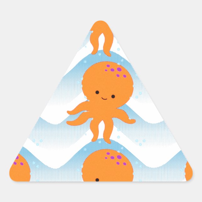 Orange Octopus And Blue Waves Pattern Triangle Sticker (Front)