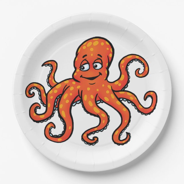 Orange Octopus Cartoon Ocean Sea Creature Paper Plate (Front)