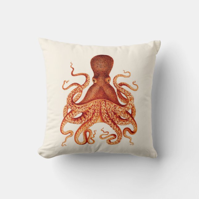 Orange Octopus Illustration on Cream Cushion (Front)