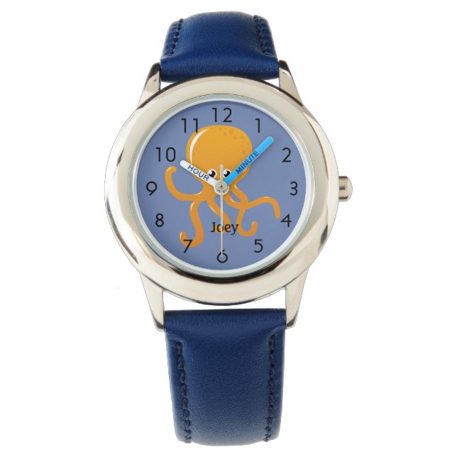 Orange Octopus on Blue Personalised Child's Watch (Front)