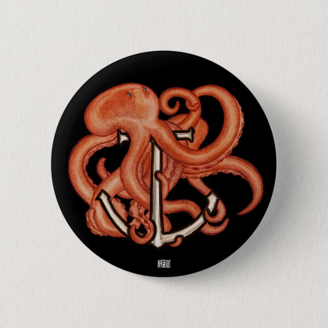 Orange Octopus Over Anchor 6 Cm Round Badge (Front)