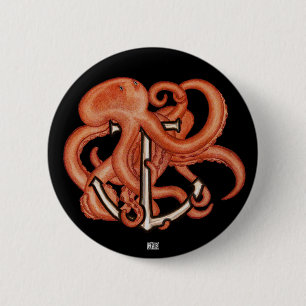 Orange Octopus Over Anchor 6 Cm Round Badge