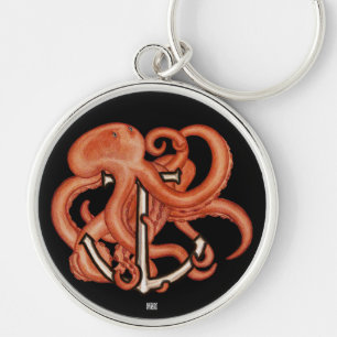 Orange Octopus Over Anchor Key Ring