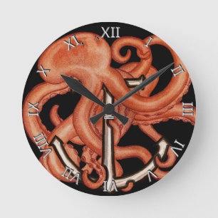 Orange Octopus Over Anchor Round Clock