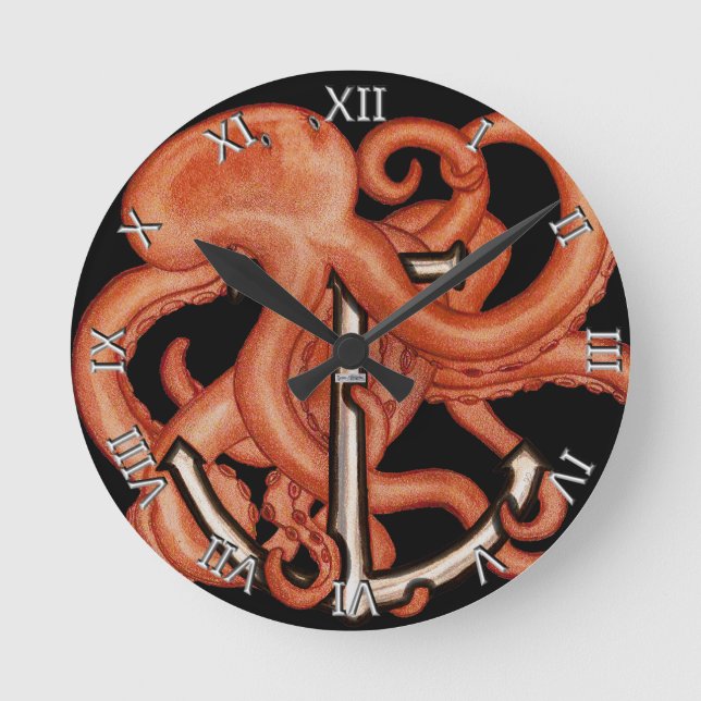 Orange Octopus Over Anchor Round Clock (Front)