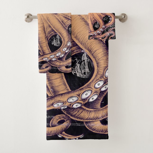 Orange Octopus Tentacles ink Bath Towel Set (Insitu)