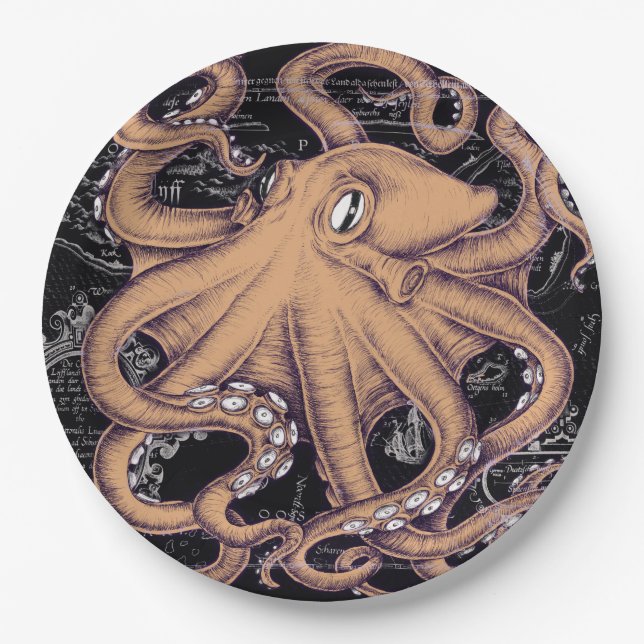 Orange Octopus Tentacles ink Paper Plate (Front)