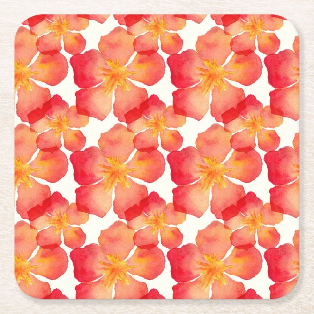 Orange Oleander Floral Pattern Square Paper Coaster (Front)