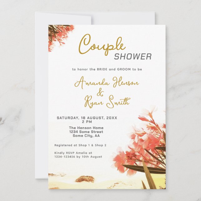 Orange Oleander Flowers Beach Couple Shower  Invitation (Front)