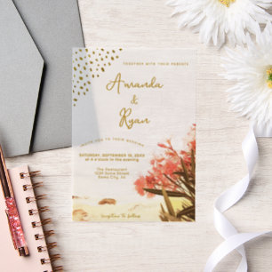 Orange Oleander Flowers Beach Glitter Wedding Vellum Invitations