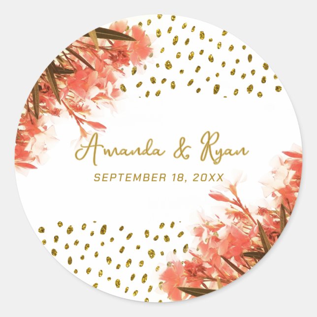 Orange Oleander Flowers Floral Beach Wedding  Classic Round Sticker (Front)