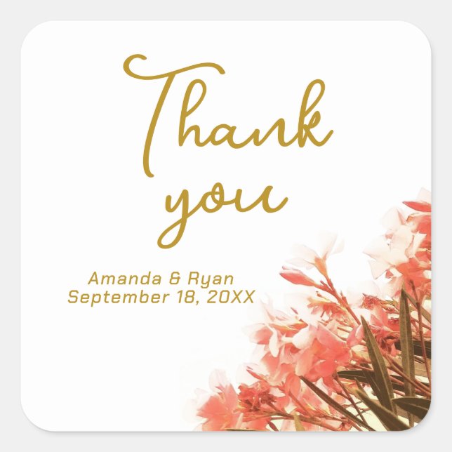 Orange Oleander Flowers Floral Wedding Thank you Square Sticker (Front)