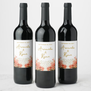 Orange Oleander Flowers Glitter Floral Wedding Wine Label