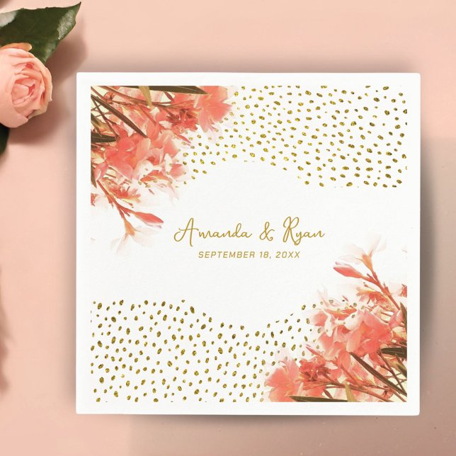 Orange Oleander Flowers Gold Glitter Wedding Napkin (Creator Uploaded)