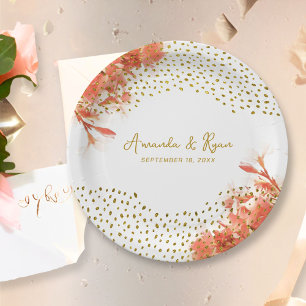 Orange Oleander Flowers Gold Glitter Wedding Paper Plate