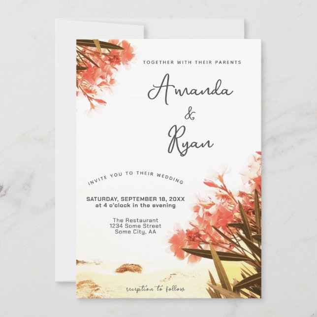 Orange Oleander Flowers on the Beach Wedding  Invitation (Front)