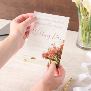 Orange Oleander Flowers on the Beach Wedding Vellum Invitations
