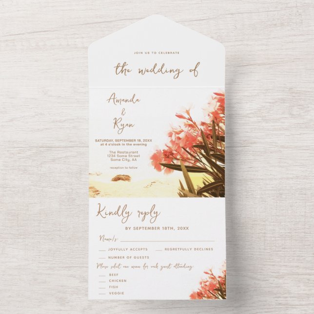Orange Oleander Flowers Tropical Beach Wedding All In One Invitation (Inside)