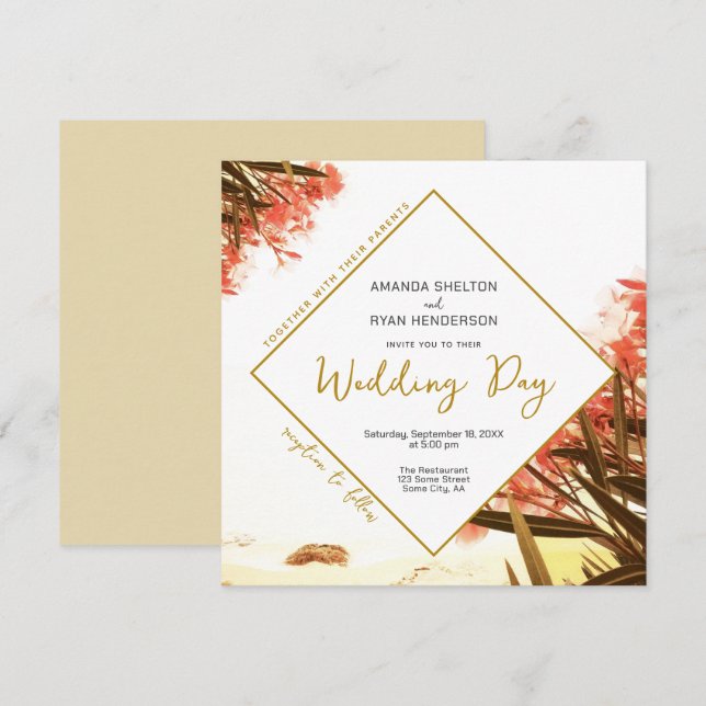 Orange Oleander on the Beach Floral Wedding Invitation (Front/Back)