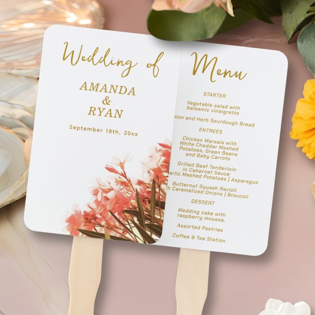 Orange Oleander on the Beach Floral Wedding Menu Hand Fan (Creator Uploaded)