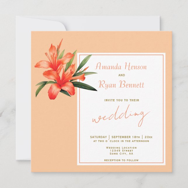 Orange Oleander Watercolor Flower Floral Wedding Invitation (Front)