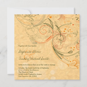 Orange + olive floral swirls wedding invitation
