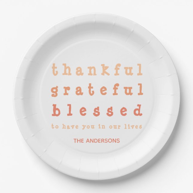 Orange Ombre Thankful Blessed Thanksgiving Dinner Paper Plate (Front)