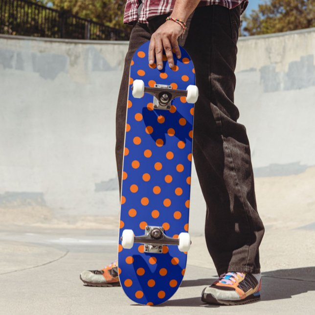 Orange On Blue Polka Dots Pattern Design  Skateboard (Creator Uploaded)