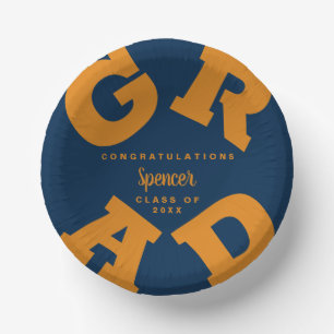 Orange on Navy Blue Graduation Personalised Paper Plate