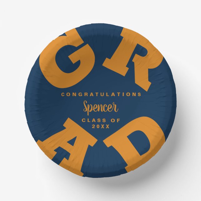 Orange on Navy Blue Graduation Personalised Paper Plate (Front)