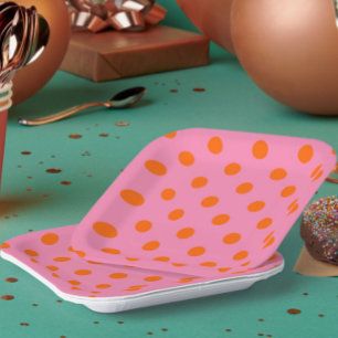 Orange On Pink Polka Dots Pattern Design Paper Plate