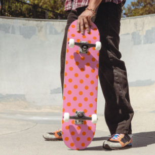 Orange On Pink Polka Dots Pattern Design Skateboard