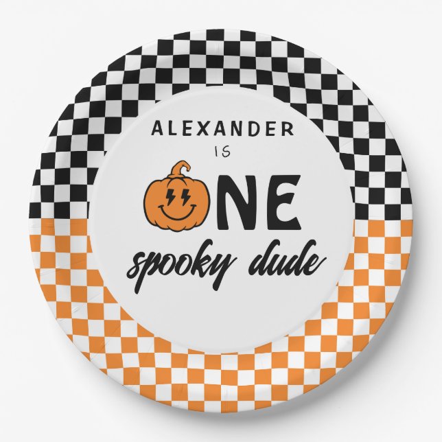 Orange One Spooky Dude Halloween 1st Birthday Paper Plate (Front)