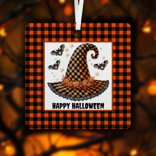 Orange & Orange Gingham Halloween Witch Hat & Bats Metal Tree Decoration