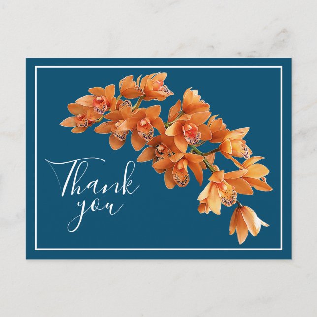 Orange Orchids Blue Background Thank You Postcard (Front)