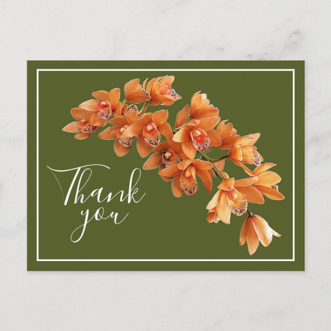 Orange Orchids Green Background Thank You Postcard (Front)