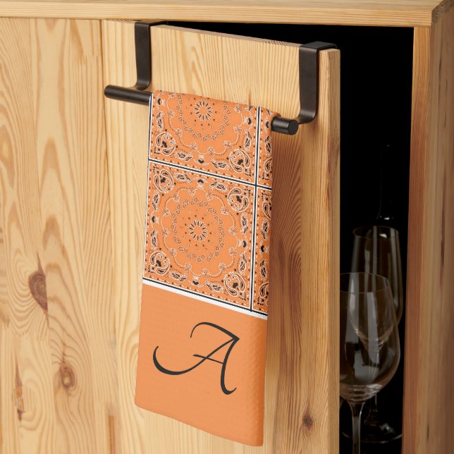 Orange oriental design monogram tea towel (Thirds Fold)