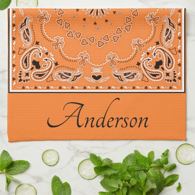 Orange oriental design personalised tea towel (Folded)