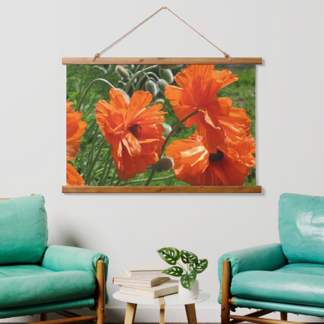 Orange Oriental Poppies Wooden Frame Hanging Tapestry (Living Room)