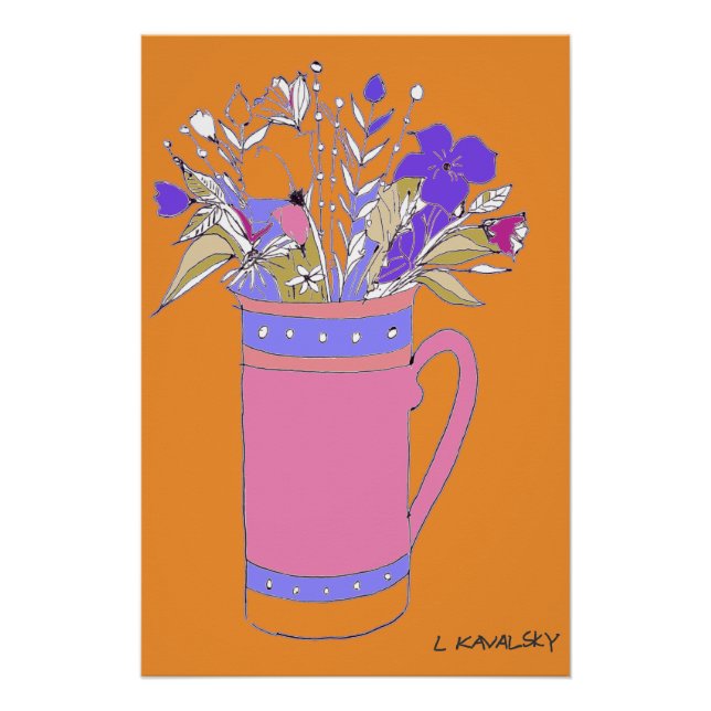 Orange Original Colourful Flowers In A Mug Poster  (Front)