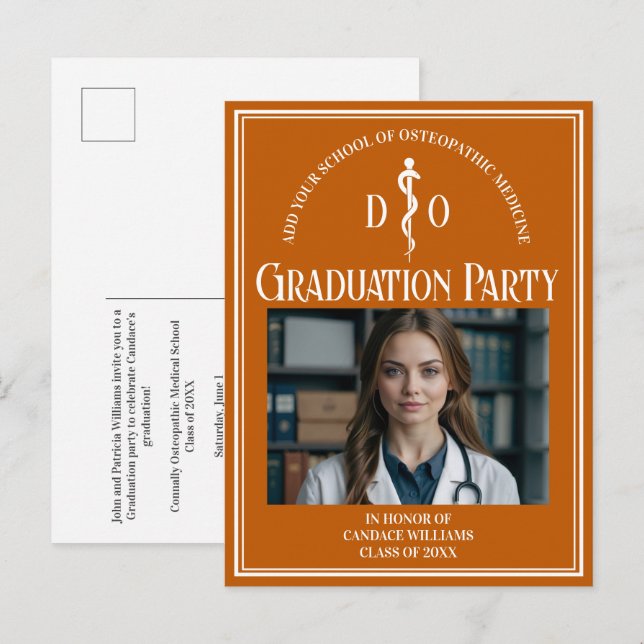 Orange Osteopathic Medical School Graduation Party Invitation Postcard (Front/Back)