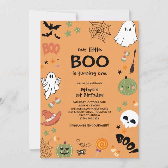 Orange Our Little Boo Halloween 1st Birthday  Invitation (Front)