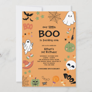 Orange Our Little Boo Halloween 1st Birthday  Invitation