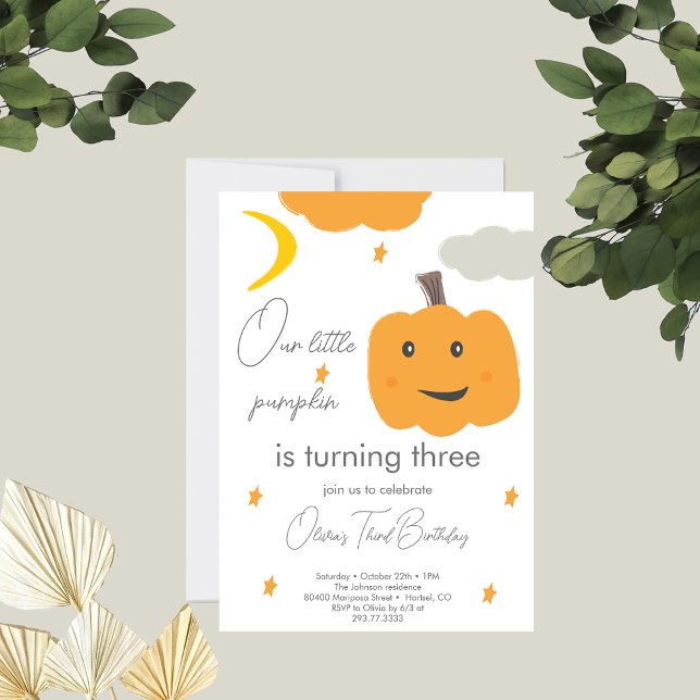 Orange Our Little Pumpkin 3rd Birthday Moon Stars  Invitation (Creator Uploaded)