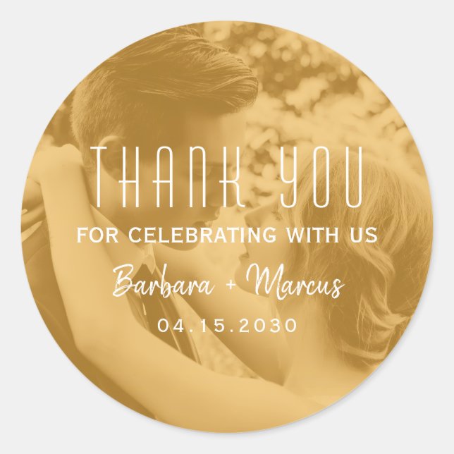 Orange Overlay Photo Wedding Thank You Classic Round Sticker (Front)