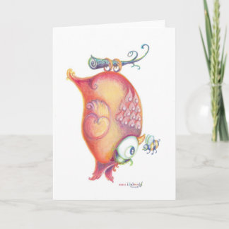 Orange owl greeting card with bumble bee