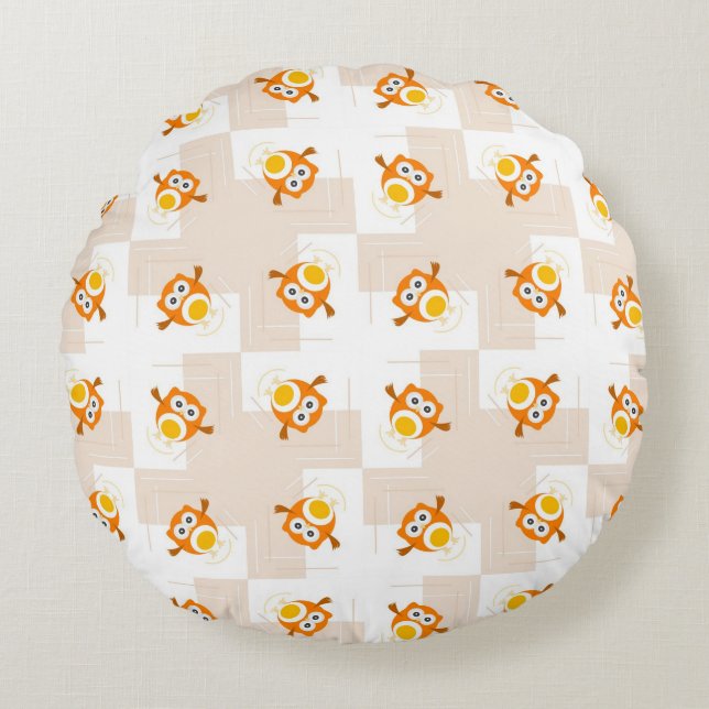 Orange Owl Illustration Pattern Round Cushion (Front)