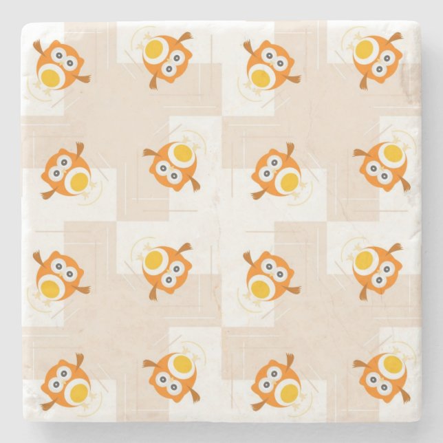 Orange Owl Illustration Pattern Stone Coaster (Front)