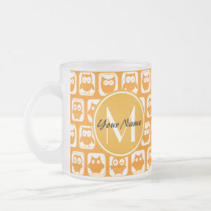 Orange Owls Custom Monogram Frosted Glass Coffee Mug