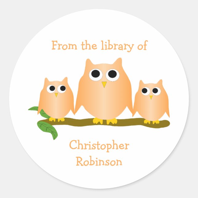 Orange Owls Design Bookplate Classic Round Sticker (Front)